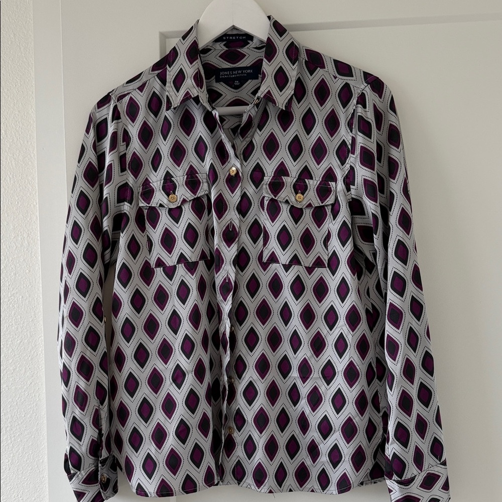 Jones New York Purple and Black Patterned Blouse